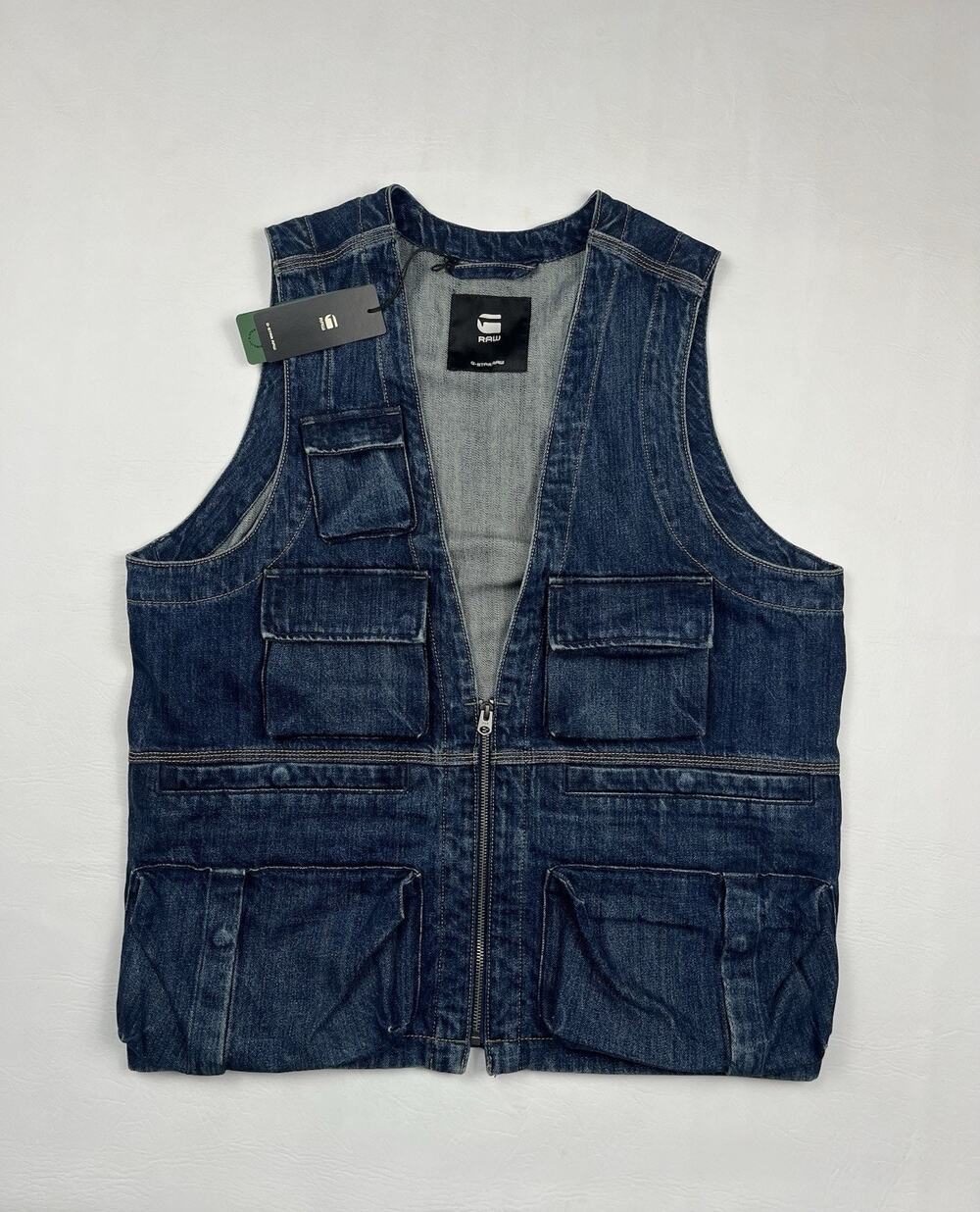 G Star Raw Denim Vest Mens Large Blue Cargo Pockets Zip Utility